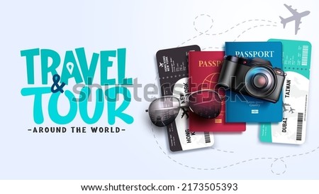 Travel worldwide vector background design. Travel and tour text with camera, tickets and sunglasses tourist elements for vacation explore and adventure. Vector illustration.

