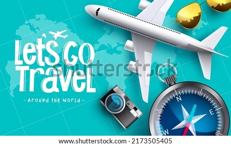 Travel worldwide vector background design. Let's go travel text in blue map with airplane, compass and camera traveler elements for travelling the world adventure. Vector illustration.
