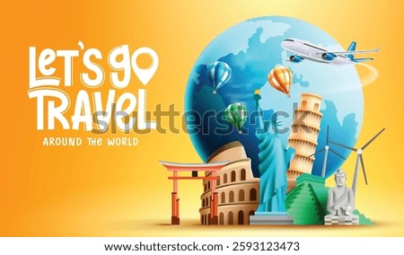 Travel worldwide vector background design. Travel the world text with famous tourist destination landmark and globe elements for worldwide tourism visit. Vector illustration.
