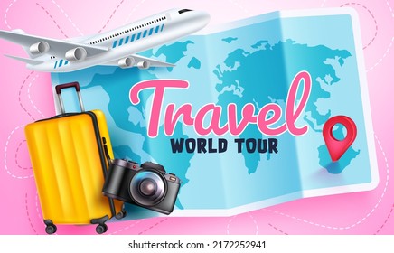 Travel worldwide vector concept design. Travel world tour text in map background with luggage and airplane elements for international travelling. Vector illustration.
