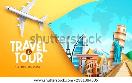 Travel worldwide vector concept design. Travel and tour text with 3d airplane and international destination landmark for explore the world travelling places. Vector illustration.
