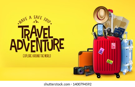 Travel Yellow Background 3D Adventure Realistic Banner in Front View with Luggage Bags, Suitcase, Camera, Binoculars and Map