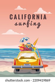 Travel yellow car with luggage bags, surfboard on the beach. Tropical seachore, palms, sea, ocean, back view. Vector illustration retro cartoon