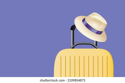 Travel yellow suitcase and sun hat. Copy space. Summer vacation. Ready for work. travel concept.