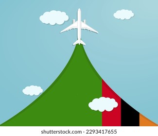 Travel to Zambia by flight, destination concept, vacation in Zambia, plane vector design, paper cut effect with blue sky and airplane, summer trip idea, country tourism banner