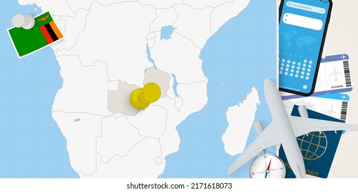 Viaje al concepto de Zambia, mapa con pin en el mapa de Zambia. Mapa de preparación de vacaciones, bandera, pasaporte y boletos. Ilustración vectorial en diseño plano.