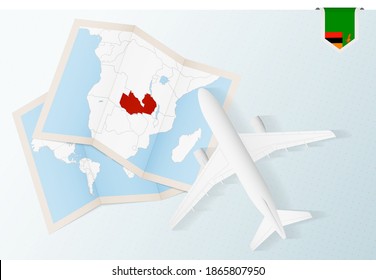 Viaje a Zambia, avión de primera vista con mapa y bandera de Zambia. Diseño de pancartas de viajes y turismo.