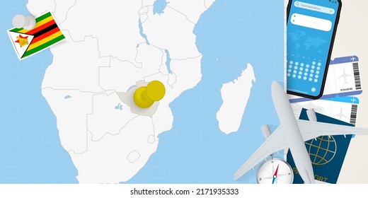 Travel to Zimbabwe concept, map with pin on map of Zimbabwe. Vacation preparation map, flag, passport and tickets. Vector illustration in flat design.