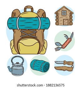 travelbag with bundle of camping set line and fill icons vector illustration design