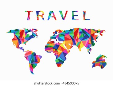 Travel,Creative concept.A stylized World map made of multi-colored triangles.Abstract background in polygonal style.Low-poly art.