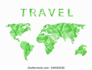 Travel,creative concept.A stylized World map made of green color triangles.Abstract background in polygonal style.Low-poly art.