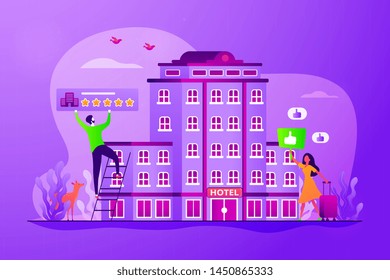 Traveler accommodation, apartment and motel booking. Hostel rating and reviews. Lifestyle hotel, modern hospitality trend, cutting-edge hotel concept. Vector isolated concept creative illustration
