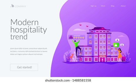 Traveler accommodation, apartment and motel booking. Hostel rating and reviews. Lifestyle hotel, modern hospitality trend, cutting-edge hotel concept. Website homepage header landing web page template