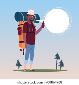 Traveler African American Man With Backpack Happy Young Guy On Hike Banner Flat Vector Illustration