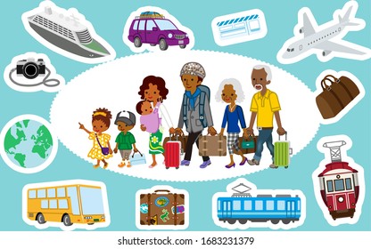 Traveler Of African Multi Generation Family And Transportation Icon Set