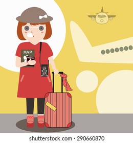 Traveler at the airport. Japanese woman with a camera and luggage. Vector Illustration