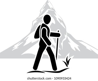 Traveler among the mountains. Icon. Vector