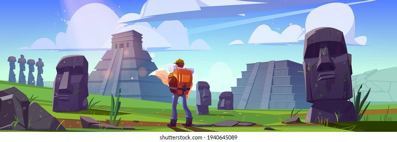 Traveler at ancient mayan pyramids or moai statues