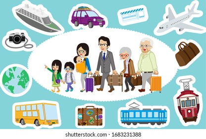 Traveler Of Asian Multi Generation Family And Transportation Icon Set