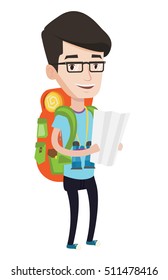 Traveler with backpack and binoculars looking at map. Cheerful traveler exploring the map. Traveler searching right direction on a map. Vector flat design illustration isolated on white background.