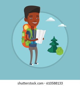 Traveler with backpack and binoculars looking at map. Traveler exploring the map. Traveler searching right direction on a map. Vector flat design illustration in the circle isolated on background.