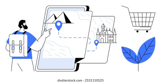 Um viajante com uma mochila verifica um mapa digital com montanhas e um castelo. Inclui carrinho de compras e símbolo de folha. Ideal para viagens, tecnologia, natureza, compras e temas de exploração