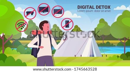 traveler with backpack holding compass gadgets in red prohibition signs digital detox concept guy hiker abandoning devices campsite background horizontal portrait vector illustration