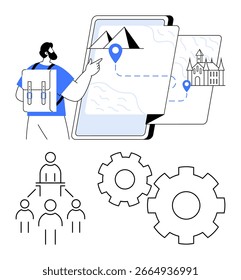 Reisende mit Rucksack interagieren mit einer digitalen Karte, die eine Route anzeigt. Außerdem verfügt es über Zahnräder, die Prozesse und ein hierarchisches Organigramm symbolisieren. Ideal für Reisen, Navigation, Planung