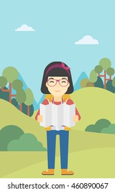 Traveler with backpack looking at map. An asian woman travelling in mountains. Traveler searching right direction on map. Vector flat design illustration. Vertical layout.