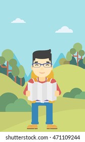 Traveler with backpack looking at map. An asian man travelling in mountains. Traveler searching right direction on map. Vector flat design illustration. Vertical layout.