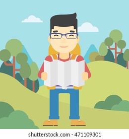 Traveler with backpack looking at map. An asian man travelling in mountains. Traveler searching right direction on map. Vector flat design illustration. Square layout.