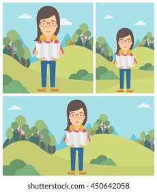 Reisende mit Rucksack Blick auf Karte. Junge Frau, die in Bergen reist. Reisende, die auf der Karte die richtige Richtung suchen. Vektorflache Design-Illustration. Quadratische, horizontale, vertikale Layouts.