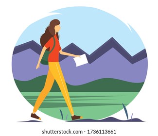 Traveler with a backpack and a map in her hand. Woman walking along the mountains and forests. Vector illustration in flat style. 