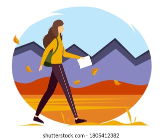 Viajera con una mochila y un mapa en la mano. Mujer caminando por las montañas y bosques. Ilustración de otoño en estilo plano. 