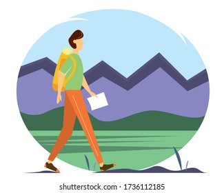 Traveler with a backpack and a map in his hand. Man walking along the mountains and forests. Vector illustration in flat style.