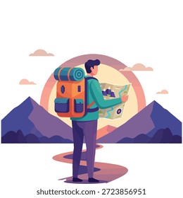 Reisender mit Rucksack und Kartensymbol flaches Vektordesign.