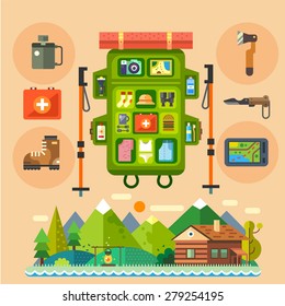 Traveler backpack for a mountains hike. House in the forest. Natural landscape. Essentials far away from civilisation. Vector flat illustration