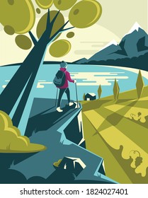 traveler with backpack on the cliff looking to landscape with the sea and vineyards