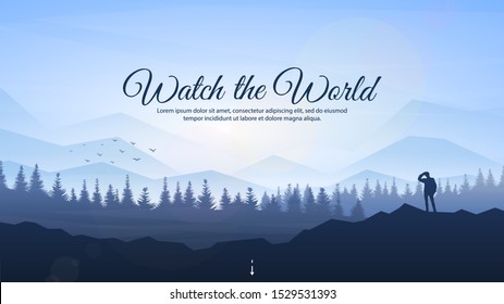 Traveler with backpack standing looking at mountains. Concept of discovery, exploration, hiking, adventure tourism and travel. Realistic landscape with fog in forest. Wilderness explorer. Trekking