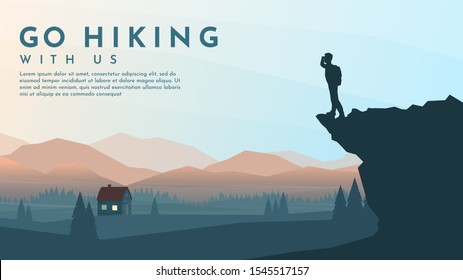 Traveler with backpack standing looking on valley with alone house. The guy watches nature. Travel concept of discovering, exploring and observing nature. Hiking. Adventure tourism. Website template