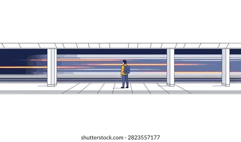 Traveler with backpack standing on train station platform watching high-speed train pass by, orange light streaks.