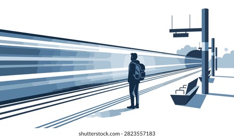 Traveler with backpack standing on train station platform watching high-speed train pass by, blue monochrome aesthetic.