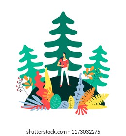 Traveler with backpack strolling in lush forest vector