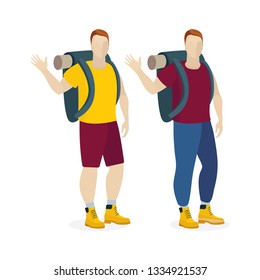 Traveler with backpack. Tourist traveler man vector illustrations set. Male with backpack.