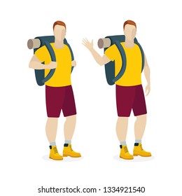 Traveler with backpack. Tourist traveler man vector illustrations set. Male with backpack.
