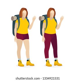 Traveler with backpack. Tourist traveler young girl vector illustrations set. Female with backpack.