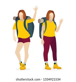 Traveler with backpack. Tourist traveler young girl vector illustrations set. Female with backpack.