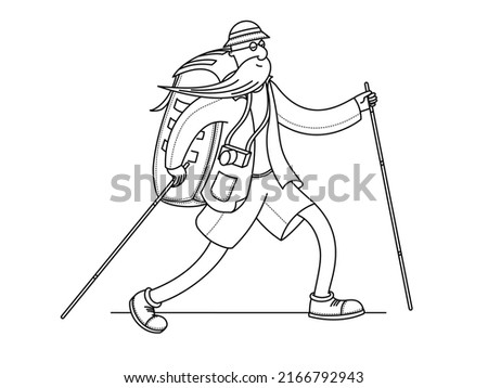 Traveler with backpack and trekking poles. Linear vector drawing for coloring.	