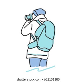 Traveler and Backpacker. hand drawn. line drawing. vector illustration. Tourist