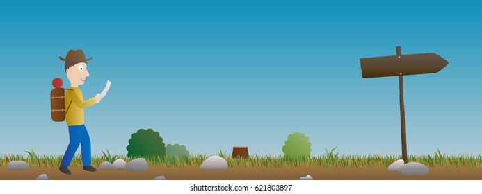 Traveler with bag on the road with wooden sign vector